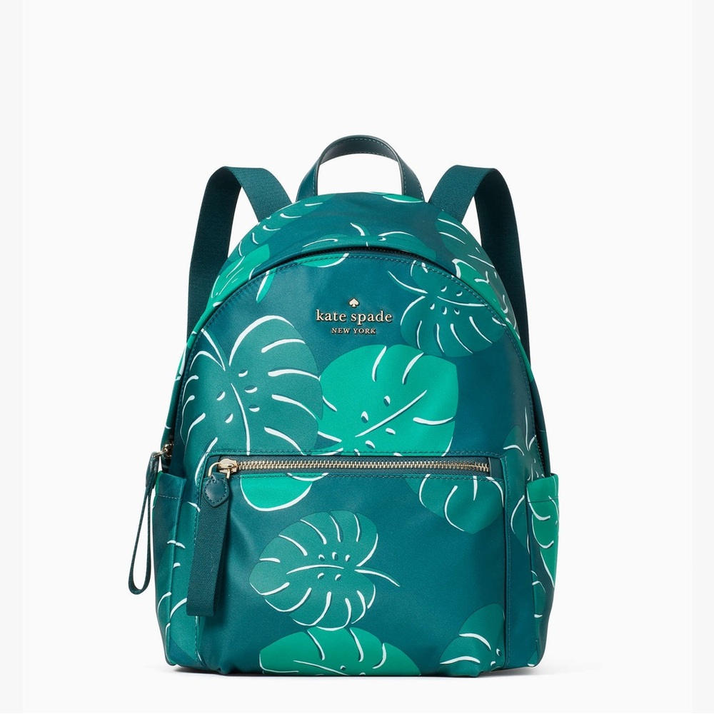 Kate Spade Nylon Monstera Leaves Printed Medium Chelsea Backpack Green NWT